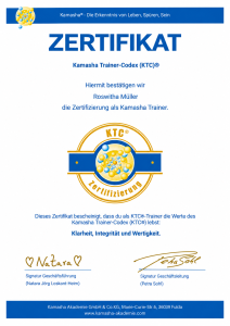 Zertifikat von Roswitha Müller als Kamasha Trainer nach dem Kamasha Trainer-Codex KTC